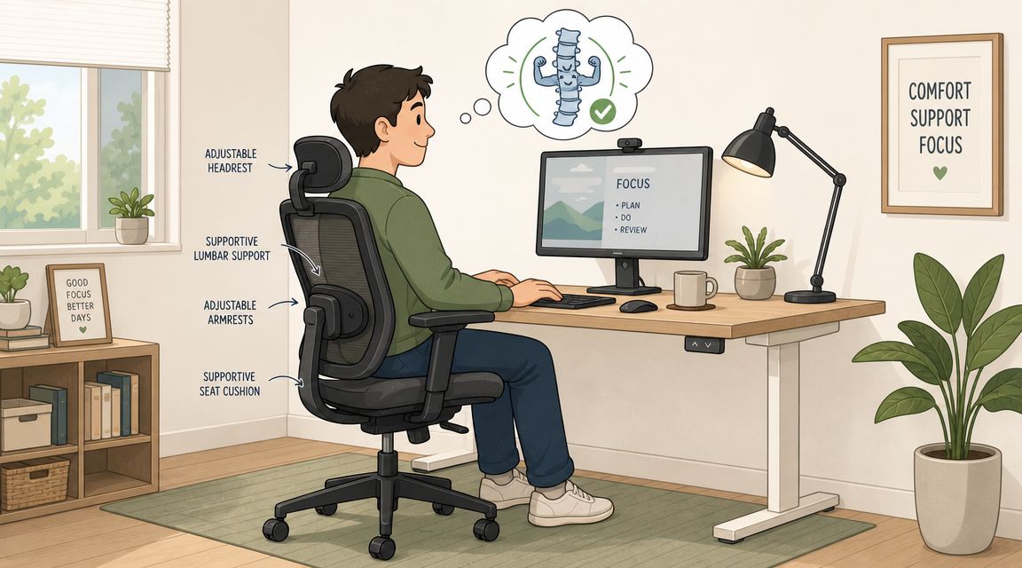 A person sitting at a desk in an ergonomic office chair featuring adjustable headrest and lumbar support.