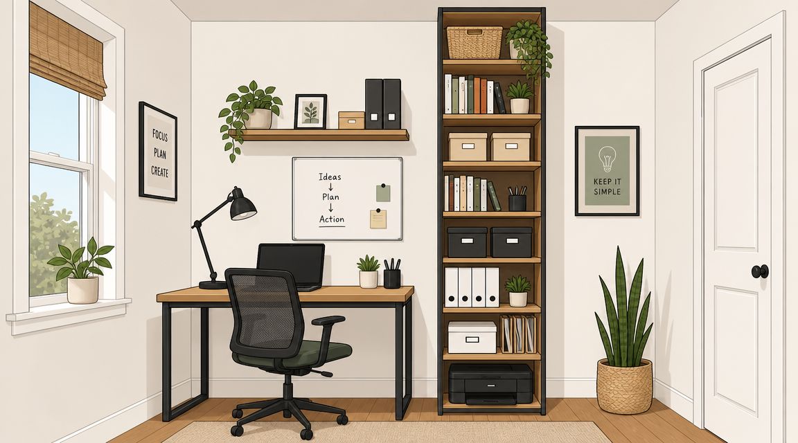 A modern minimalist home office setup with a desk, bookshelf, chair, and decorative indoor plants.