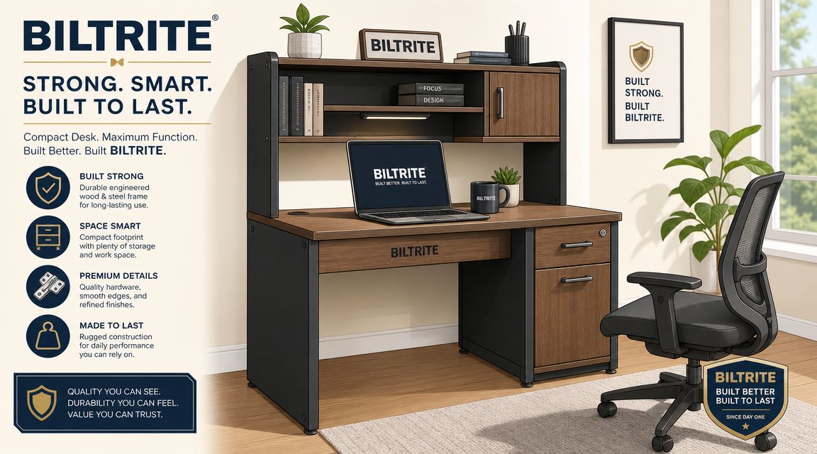 A modern Biltrite compact home office desk with a hutch, laptop, and ergonomic chair in a bright room.
