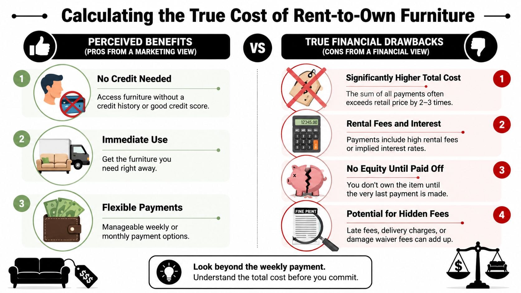 An infographic comparing the marketing benefits versus the financial drawbacks of rent-to-own furniture agreements.