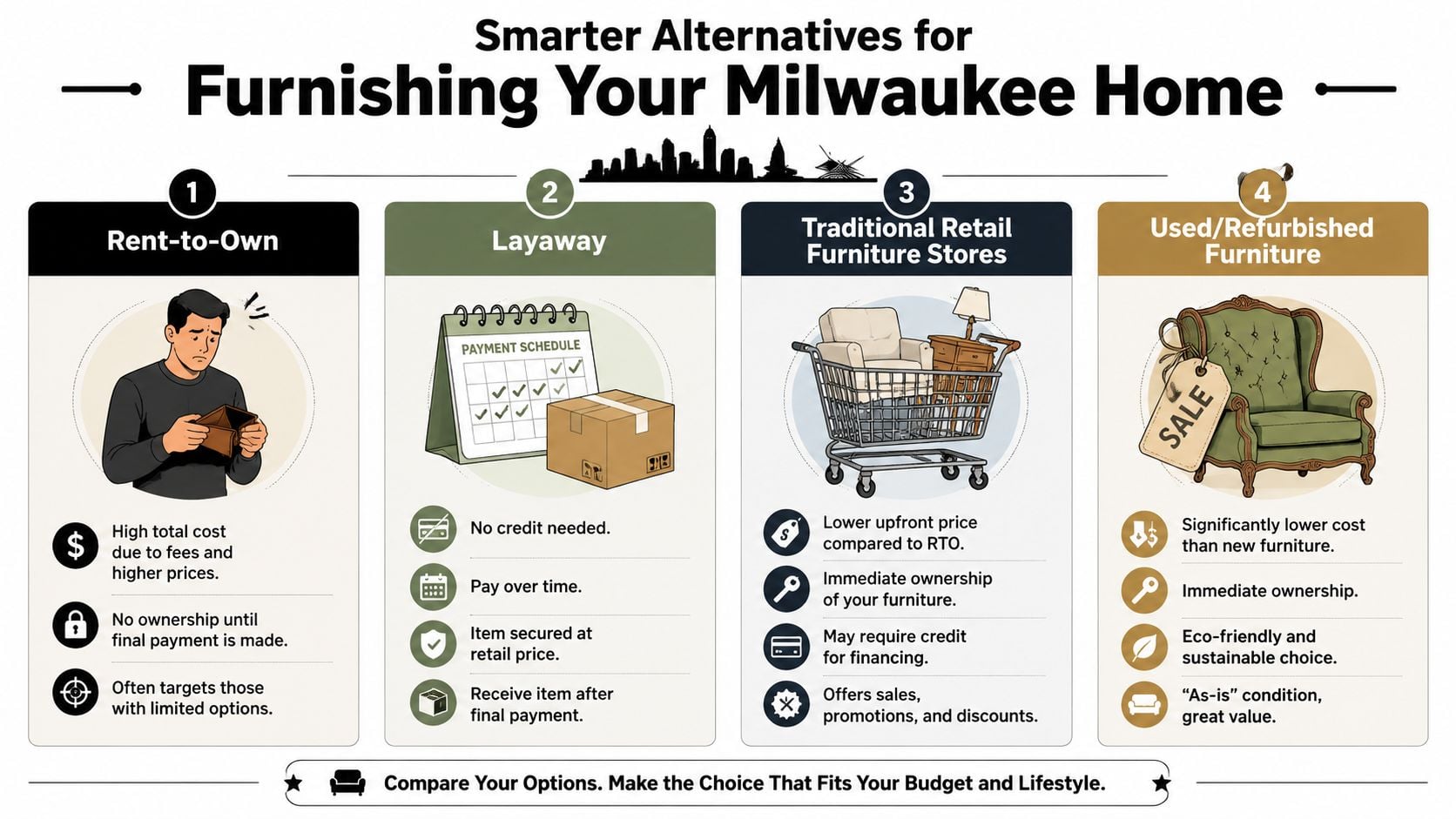 A comparison chart outlining four furniture shopping options for homeowners, including rent-to-own, layaway, retail stores, and used furniture.