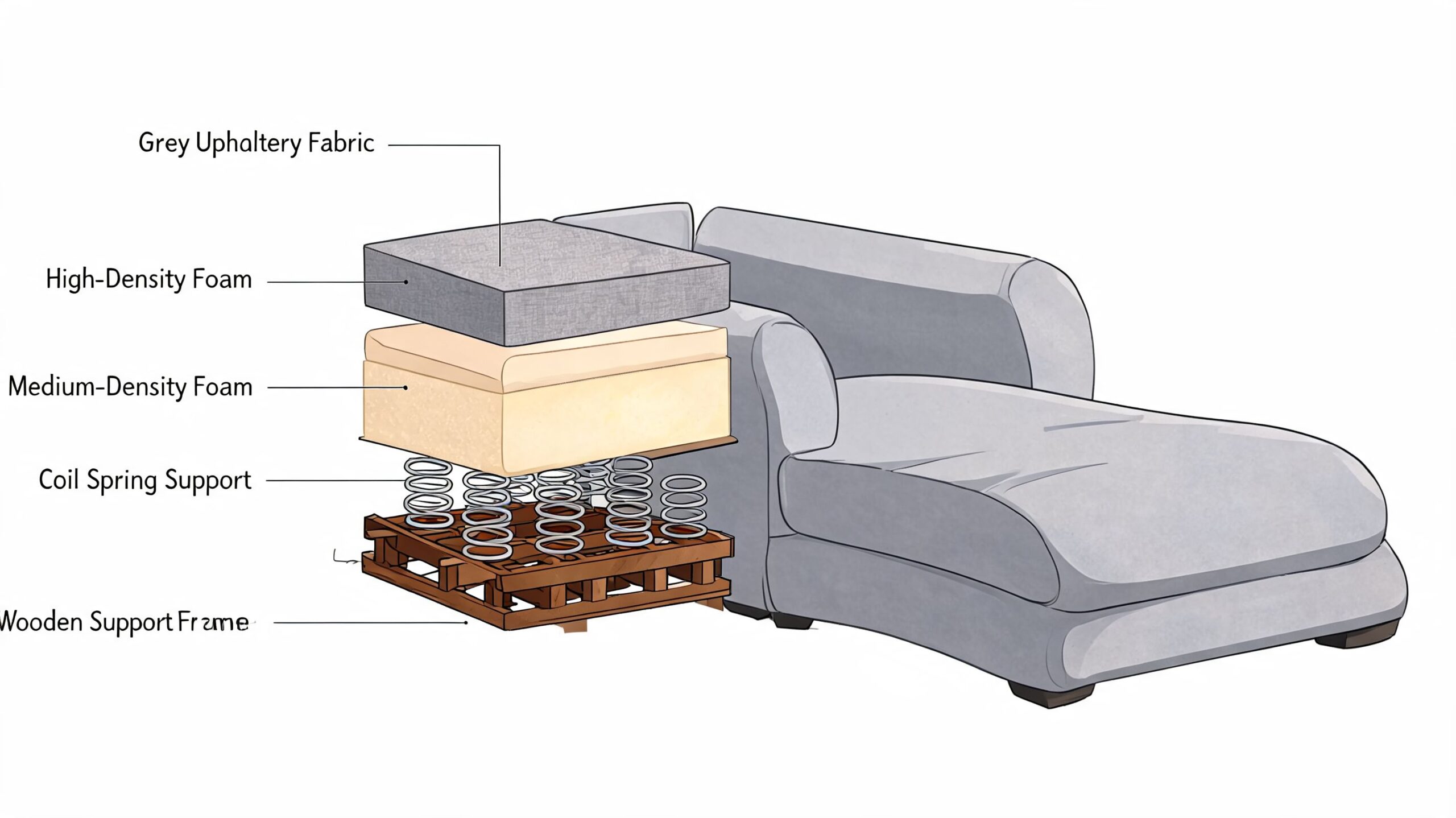 A diagram showing the layered internal construction of a grey upholstered chaise sofa cushion and frame.