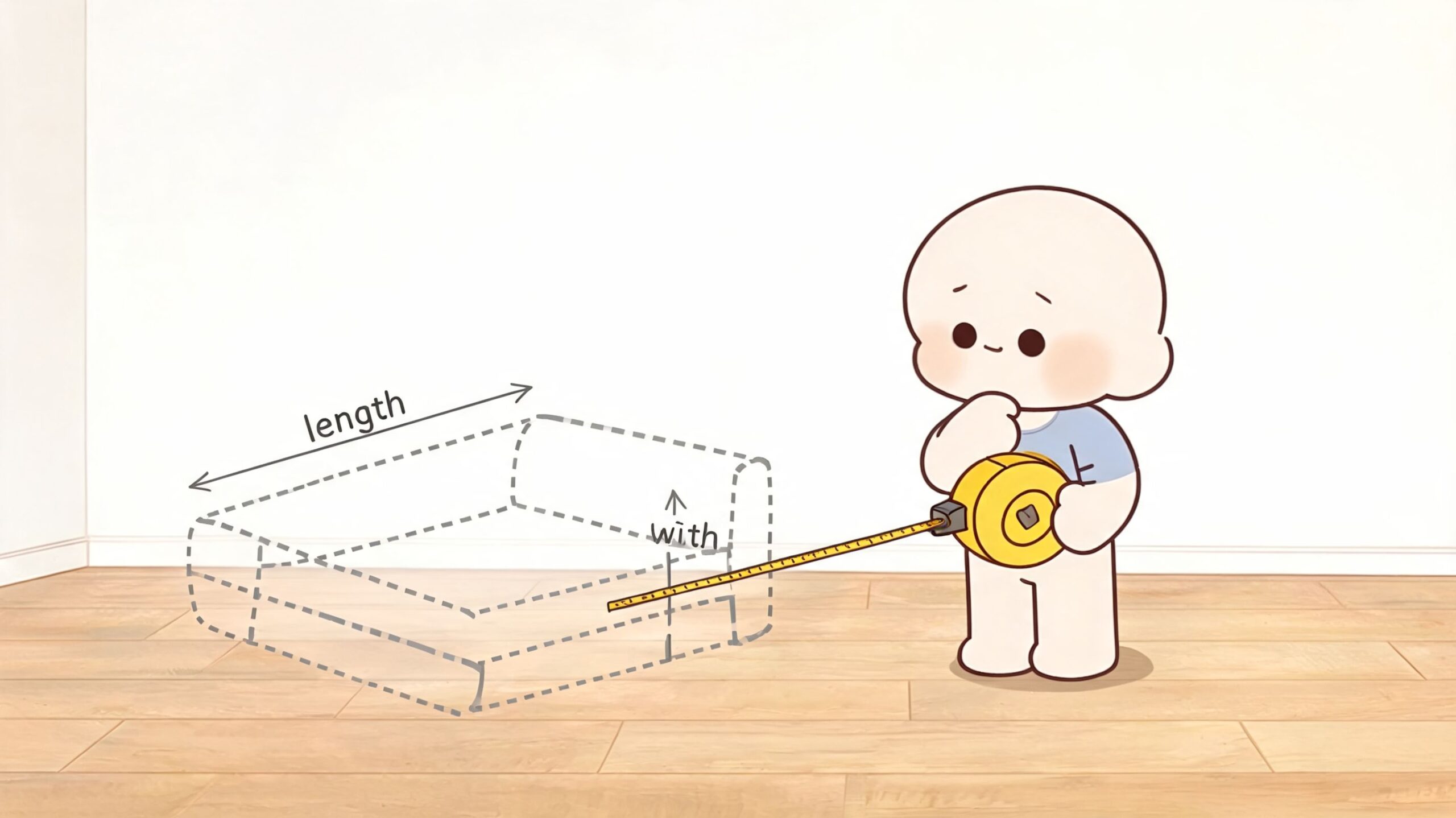 A cute cartoon character uses a measuring tape to determine the size of a grey chaise sofa.
