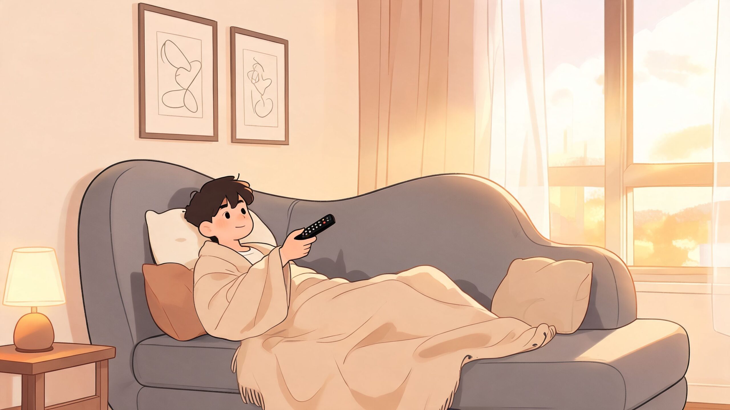 A person relaxing on a grey chaise sofa at home covered with a warm beige blanket.
