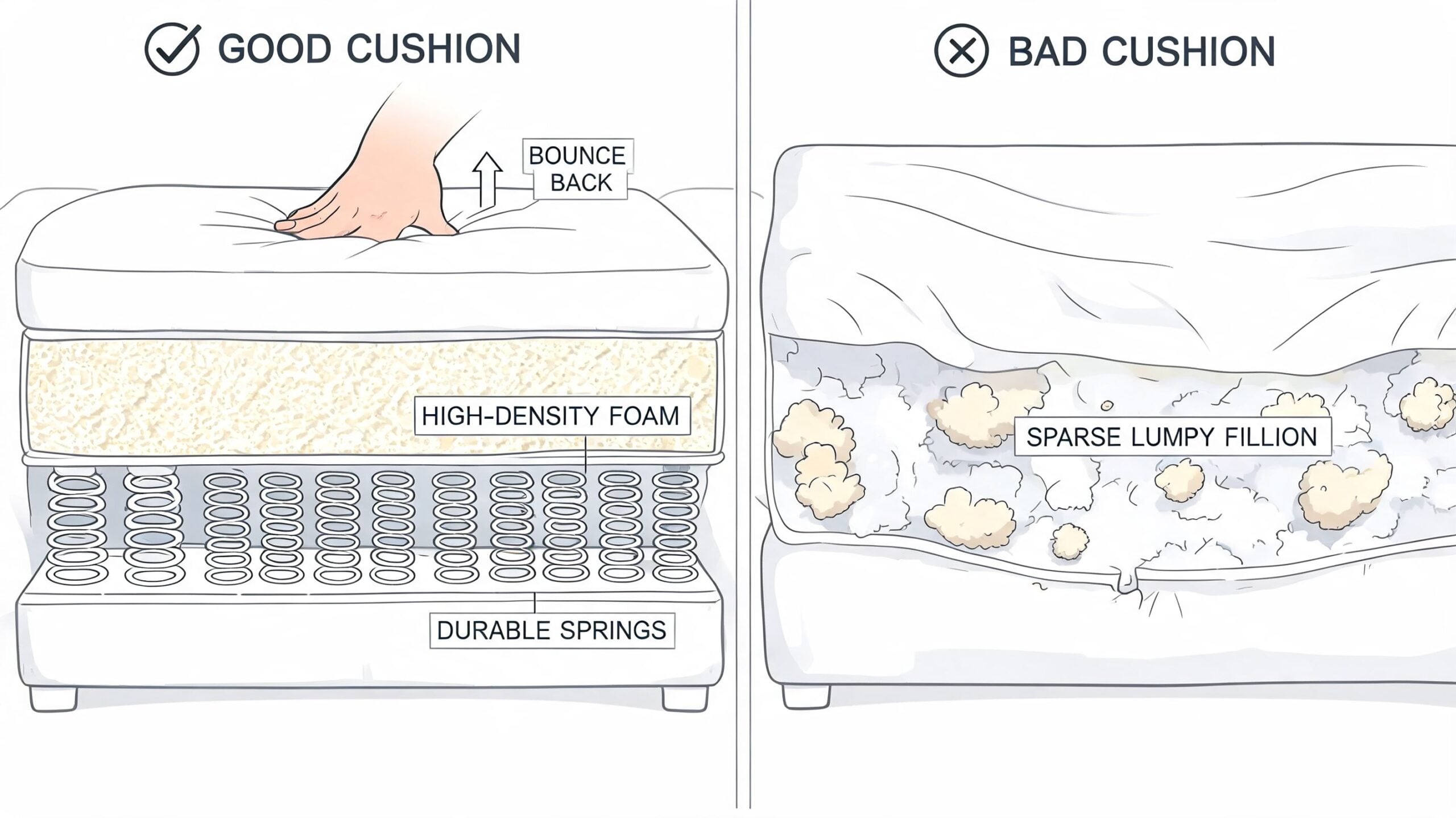 A comparison illustration showing the internal structure of a good cushion with foam and springs versus a bad cushion.