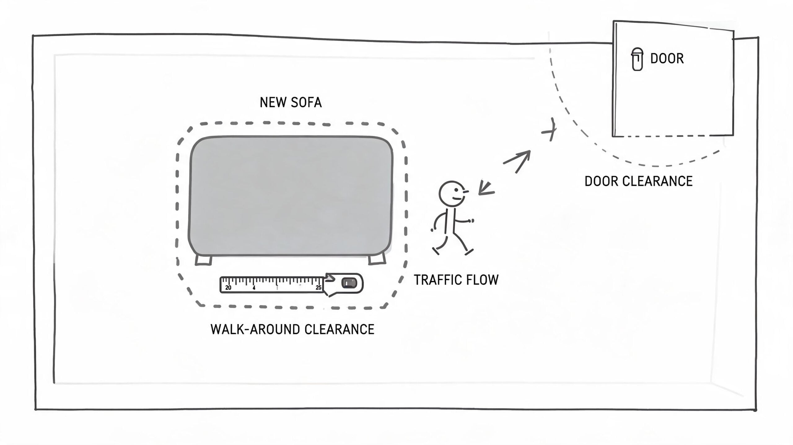 An illustration demonstrating how to measure floor space for a new sofa to ensure proper traffic flow.
