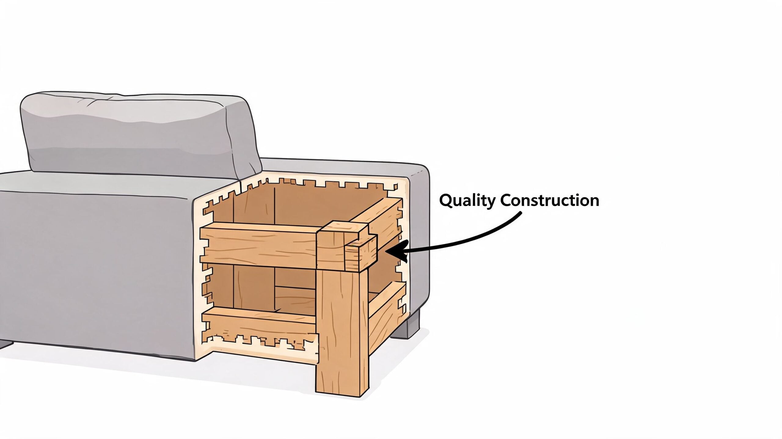 A cutaway illustration of a sofa revealing the internal interlocking wooden frame construction showing quality craftsmanship.