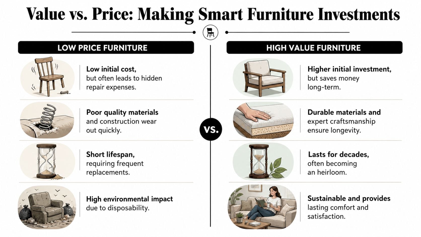 A comparison chart showing the differences between low-price furniture and high-value, durable furniture investments.