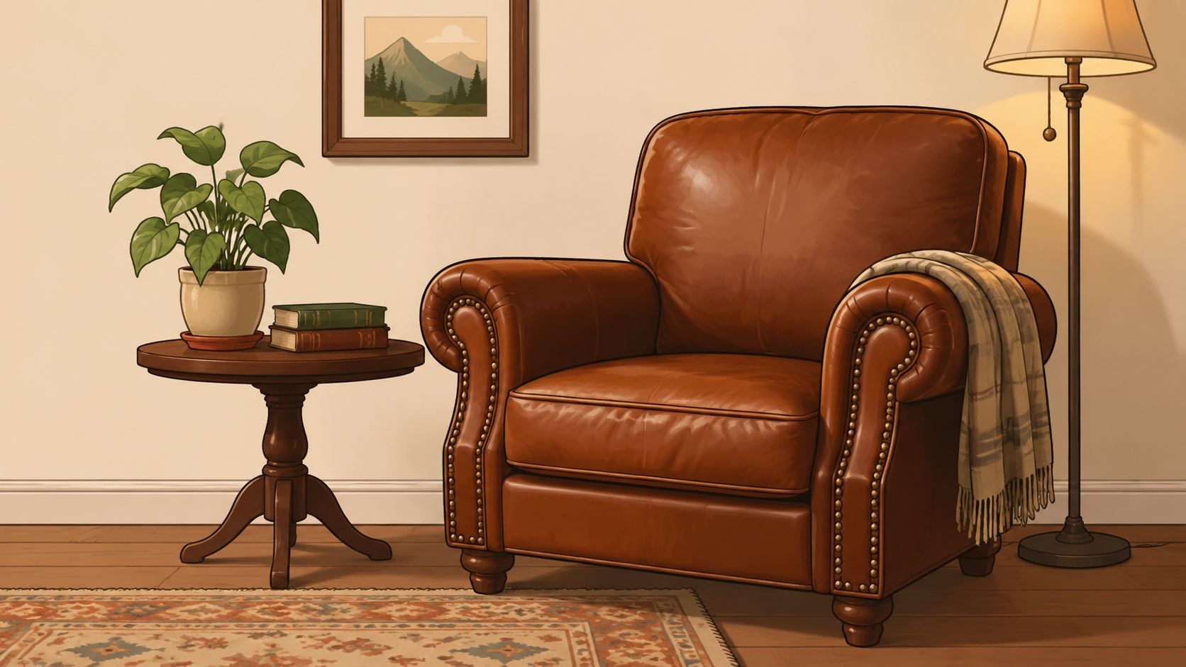 A luxurious brown leather armchair with a cozy throw blanket beside a side table in a room.