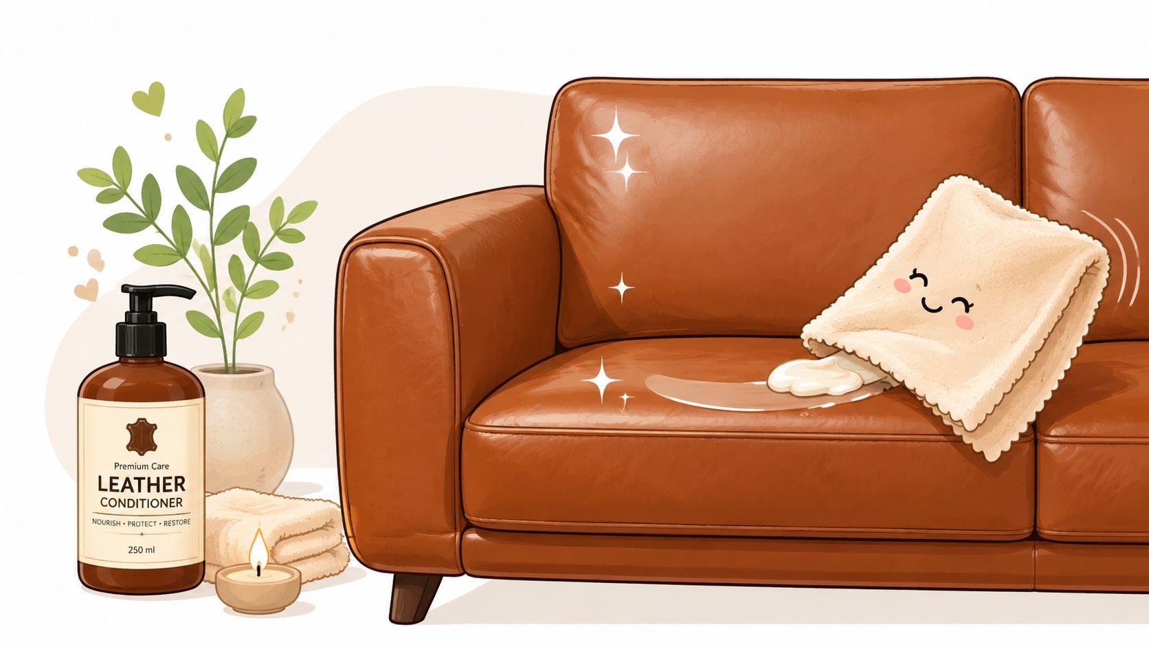 A leather conditioner bottle and a cute smiling cloth cleaning a brown leather sofa cushion.