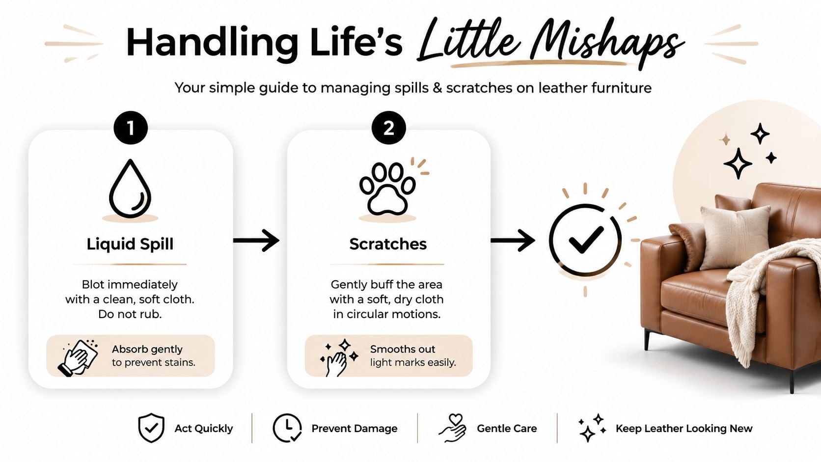 An infographic guide showing simple steps to manage liquid spills and light scratches on leather furniture.