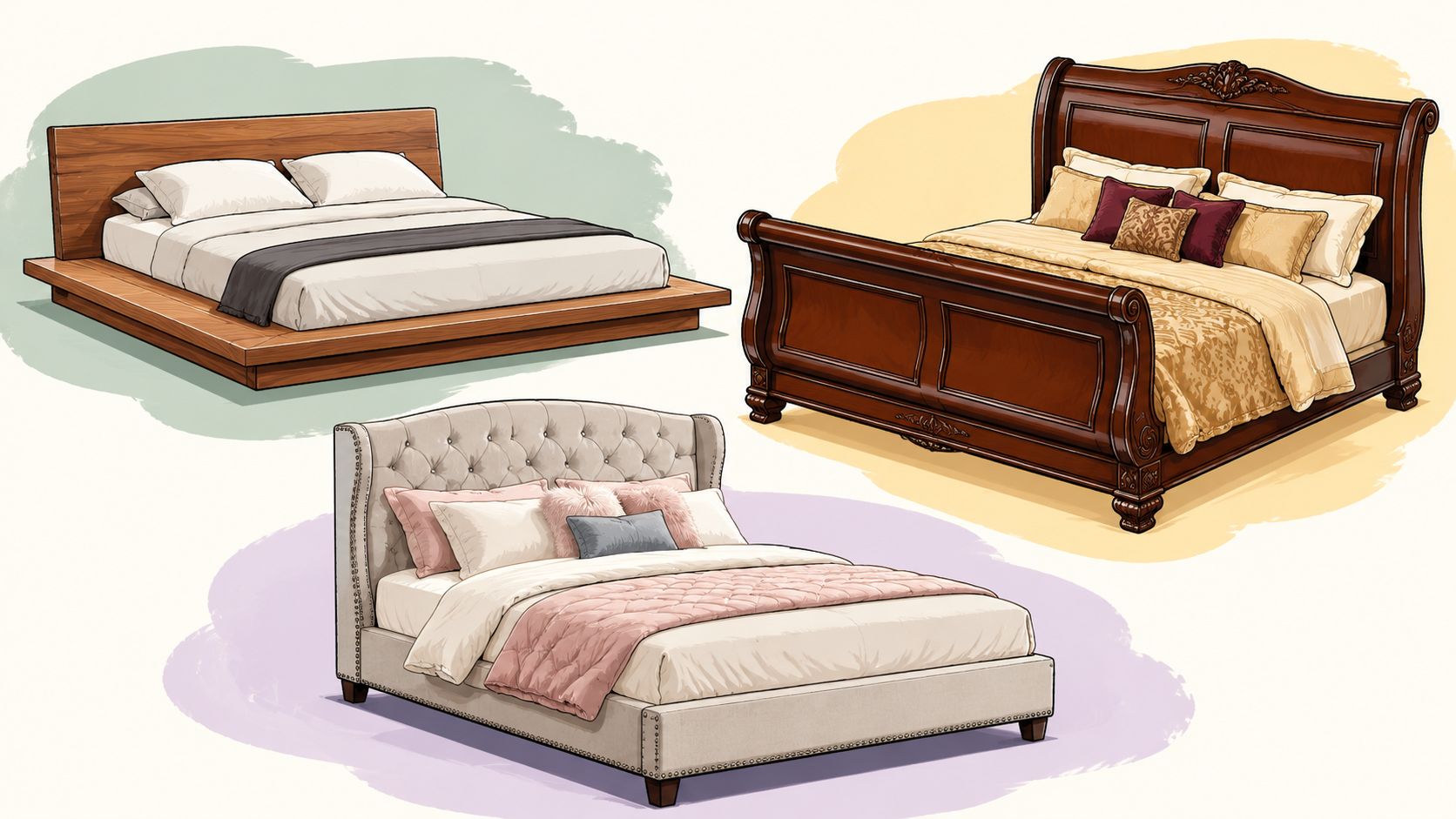 A selection of three different styles of beds including a platform bed, sleigh bed, and upholstered bed.