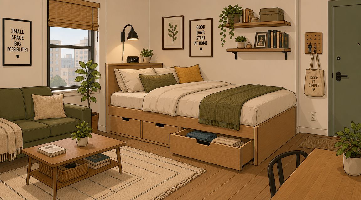 A cozy, well-organized studio apartment featuring a wooden bed frame with under-bed storage drawers and neutral decor.