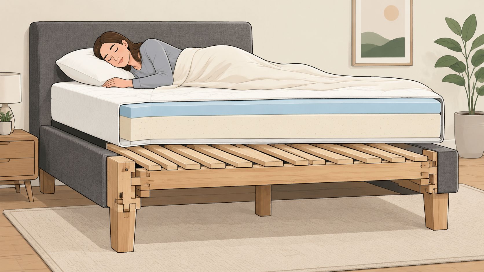 A cross-section illustration of a comfortable mattress on a sturdy wooden slatted bed frame with a person sleeping.