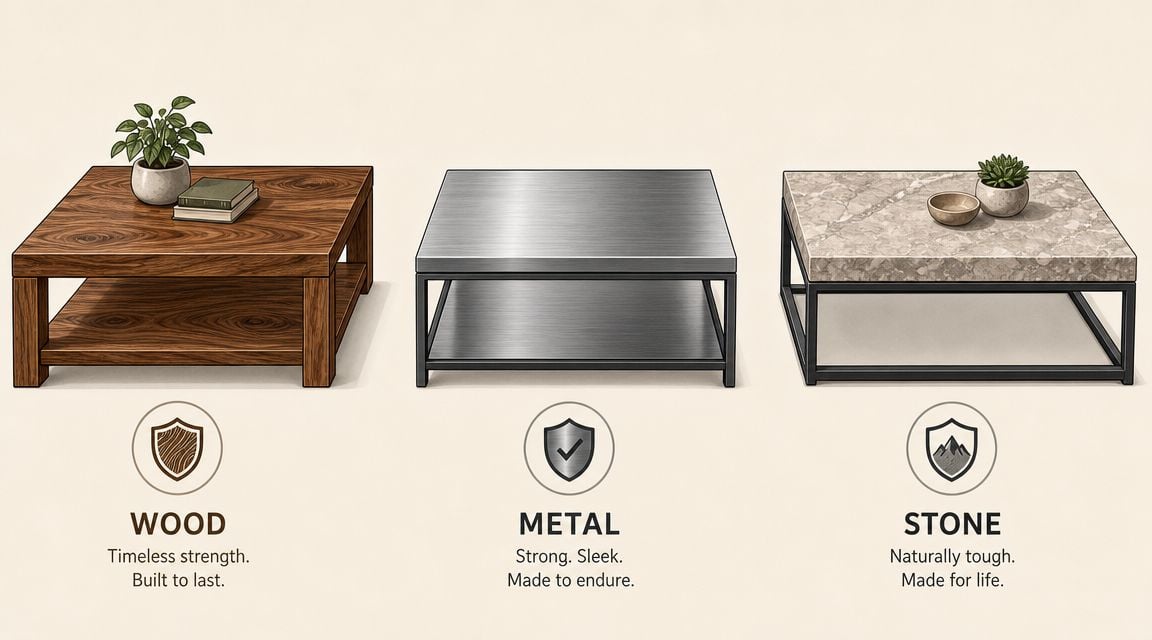 Three coffee tables made of wood, metal, and stone are displayed side-by-side with their key characteristics described.