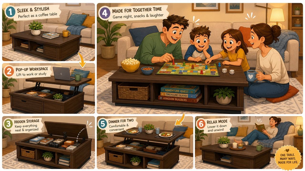 An illustration showing six different functional uses for a versatile wooden lift-top coffee table in a home.
