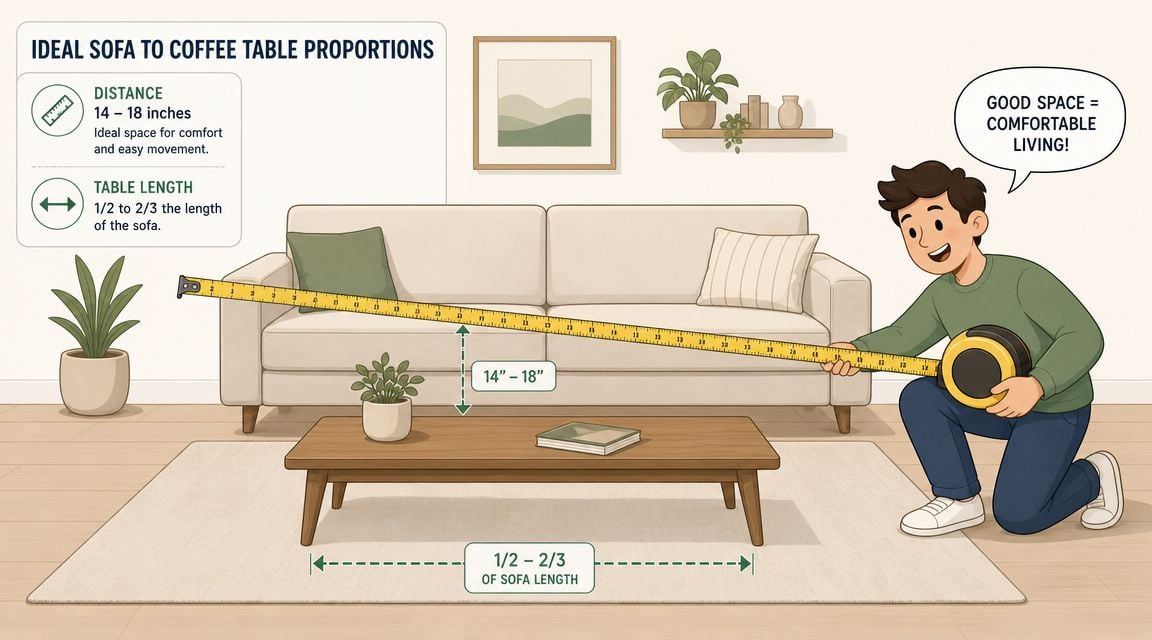 An illustration showing a man measuring the ideal spacing and proportions for a coffee table before a sofa.