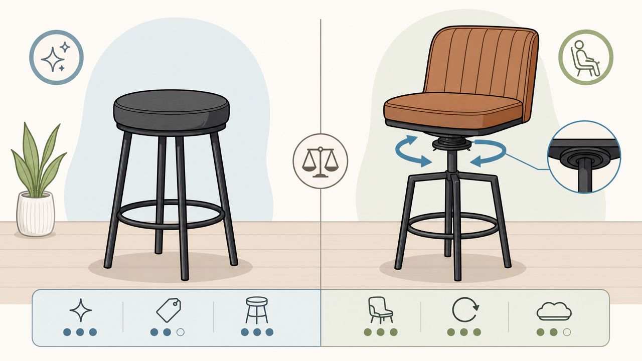 A comparison graphic showing a simple backless bar stool versus a swivel bar stool with a backrest.