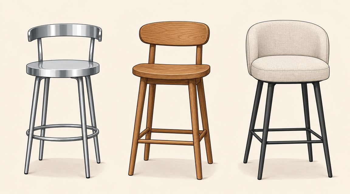 Three different styles of bar stools including metal, wooden, and upholstered designs on a light background.