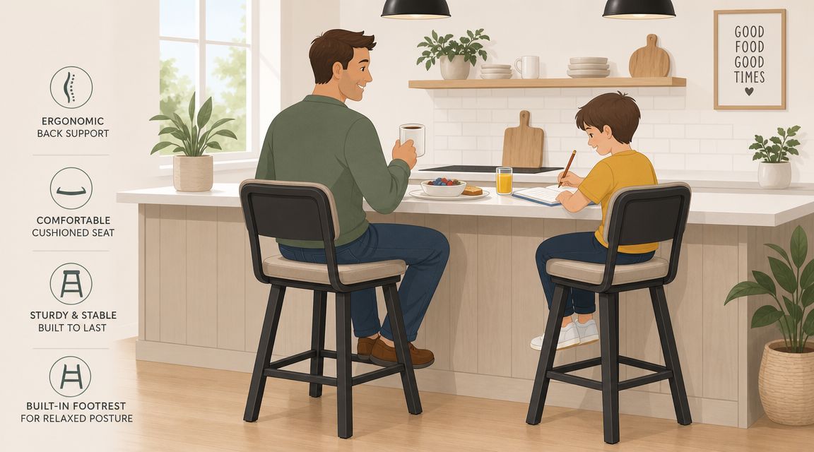 A father and son sitting on comfortable bar stools at a kitchen counter while having breakfast.