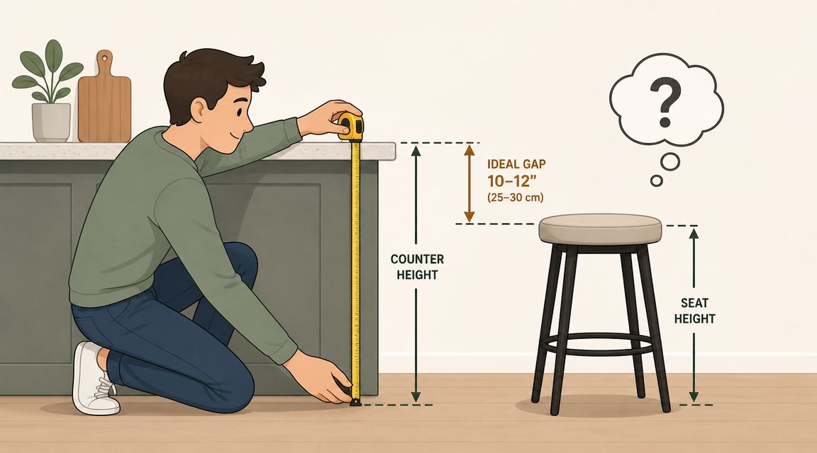 A man measuring a kitchen counter to determine the proper stool height with an ideal gap.