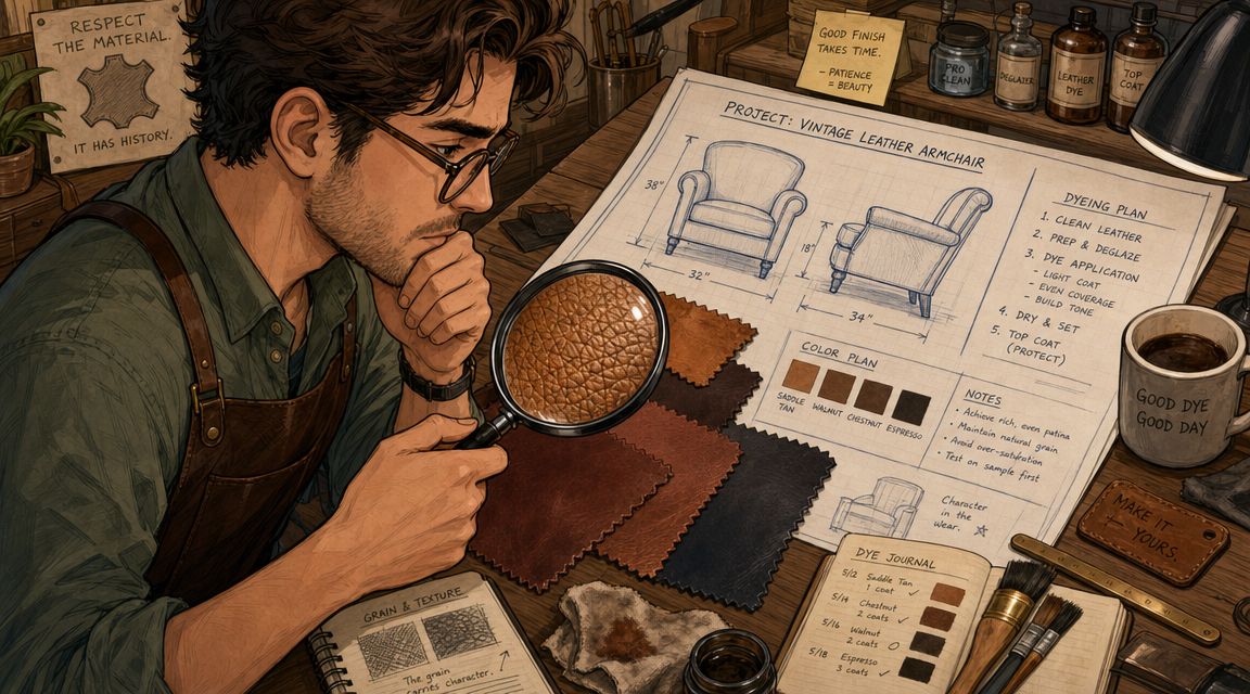 A leather artisan using a magnifying glass to inspect high-quality leather samples on a wooden workshop desk.