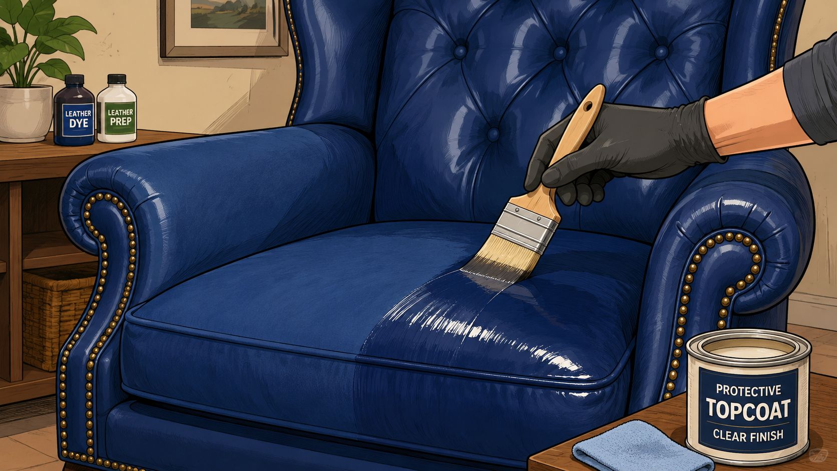 A hand wearing a black glove applying protective topcoat to a blue leather chair with a brush.