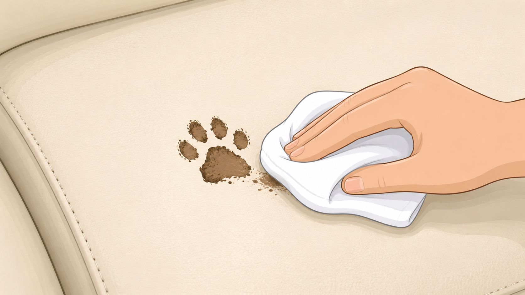 A hand wiping a dirty paw print off of a cream-colored leather couch with a white cloth.