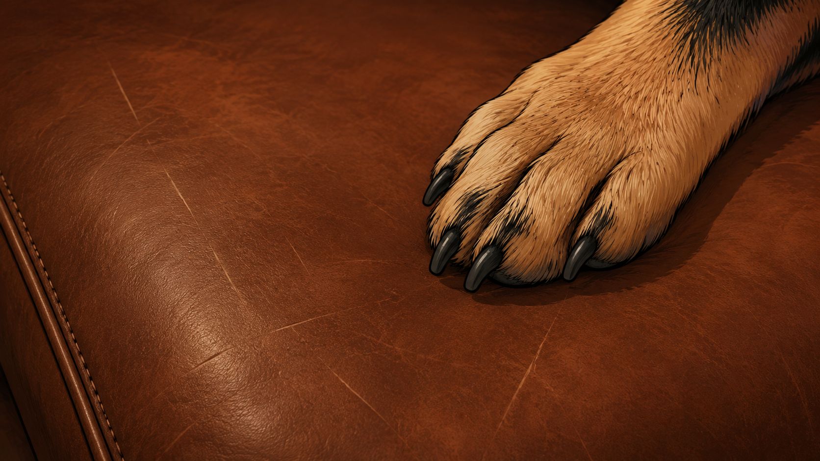 A close-up view of a dog paw resting on brown leather furniture showing visible scratch marks.