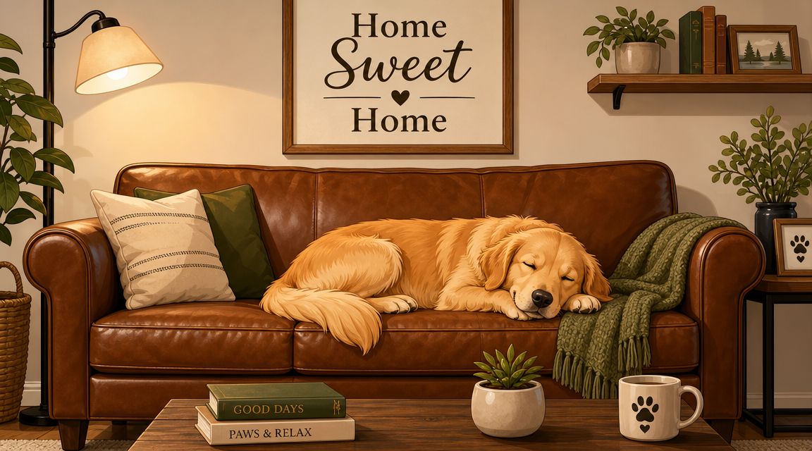 A cozy living room featuring a golden retriever sleeping peacefully on a brown leather sofa.
