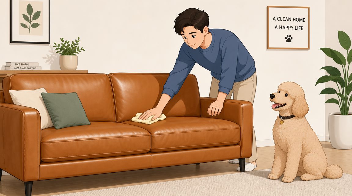 A young man cleaning a brown leather couch while his curly-haired pet dog watches him nearby.