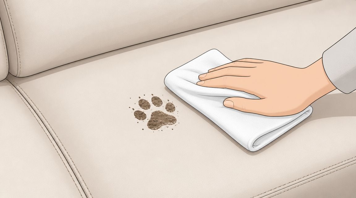 A hand using a clean white cloth to wipe a muddy paw print off beige leather furniture.