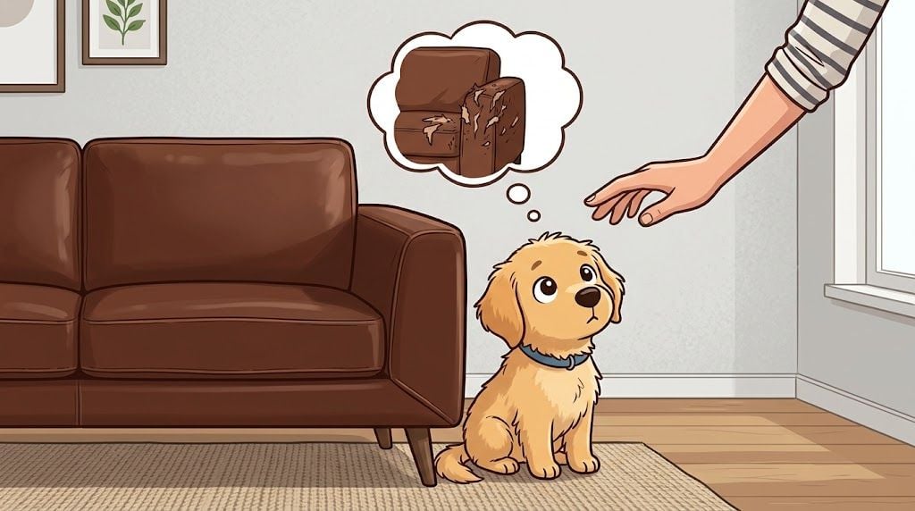 A sad golden retriever puppy sitting next to a leather sofa while a person reaches out.