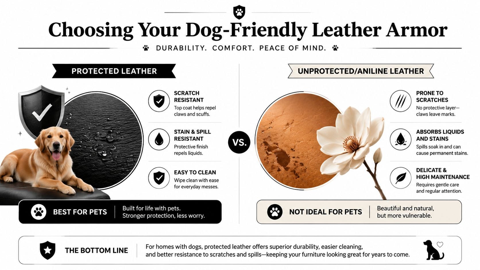 A comparison infographic showing why protected leather is better for homes with dogs than unprotected aniline leather.
