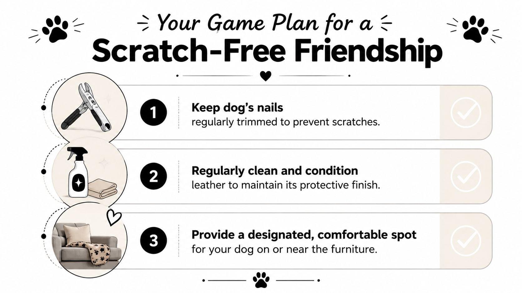A helpful infographic showing three steps to protect leather furniture from dog scratches and damage.