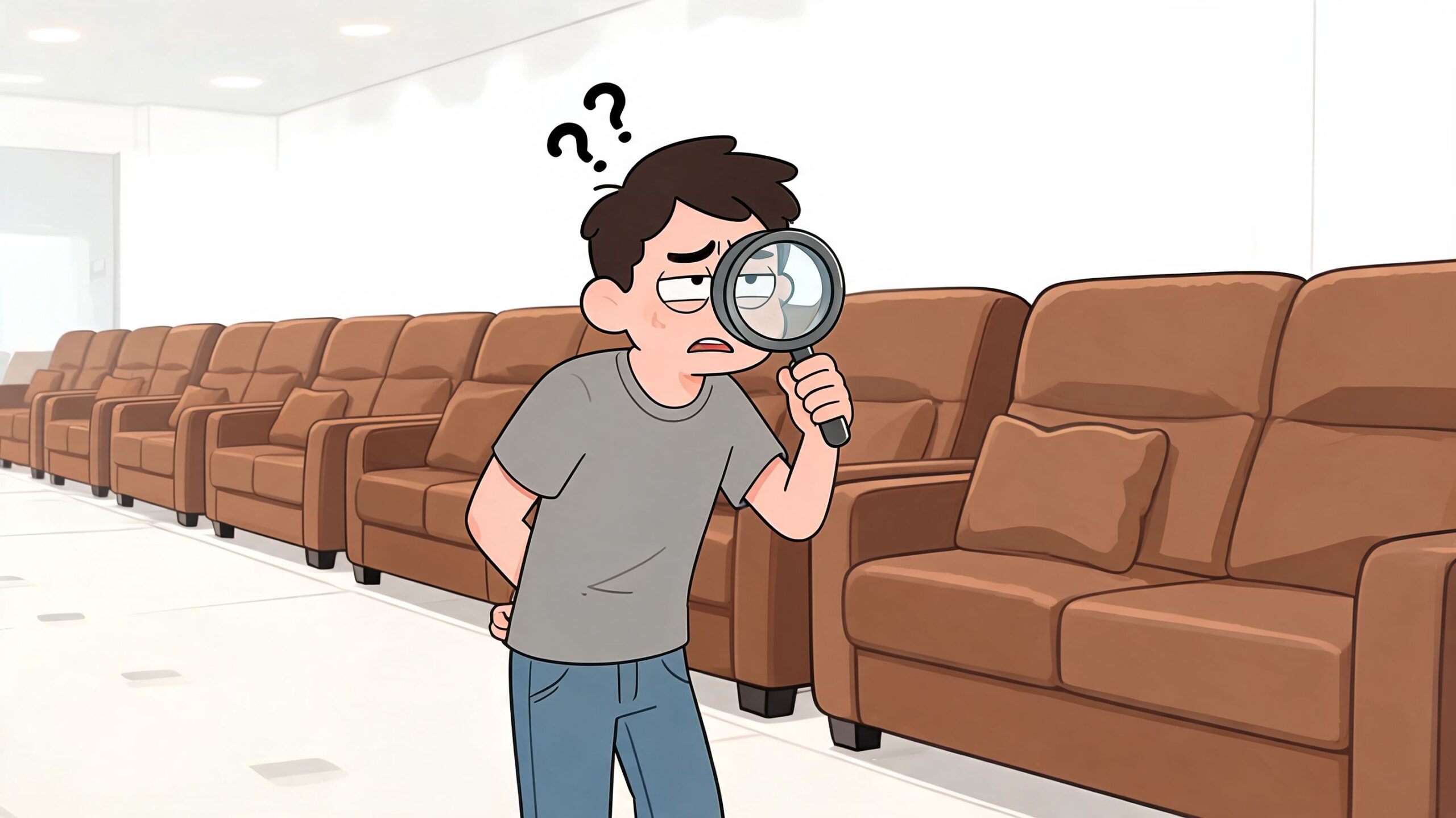 A cartoon man using a magnifying glass to inspect the texture of a brown leather couch.