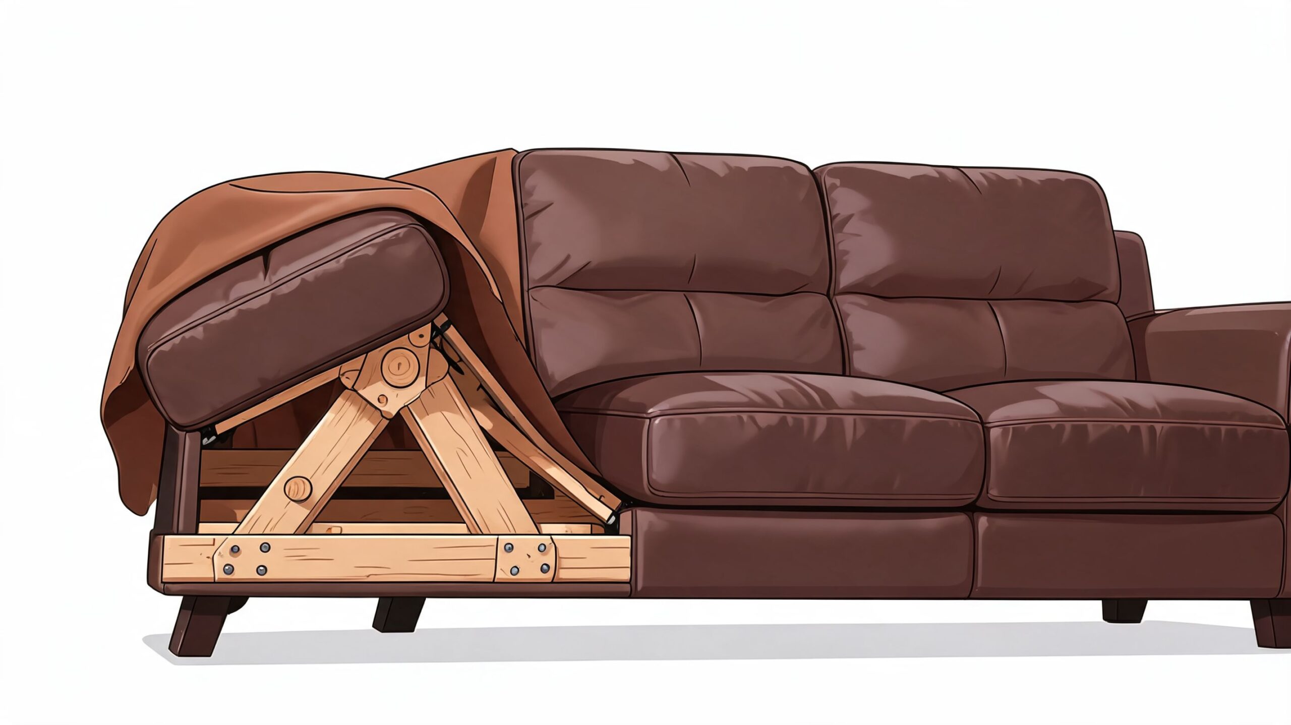 A cross-section view of a brown leather sofa showing its sturdy wooden frame construction.