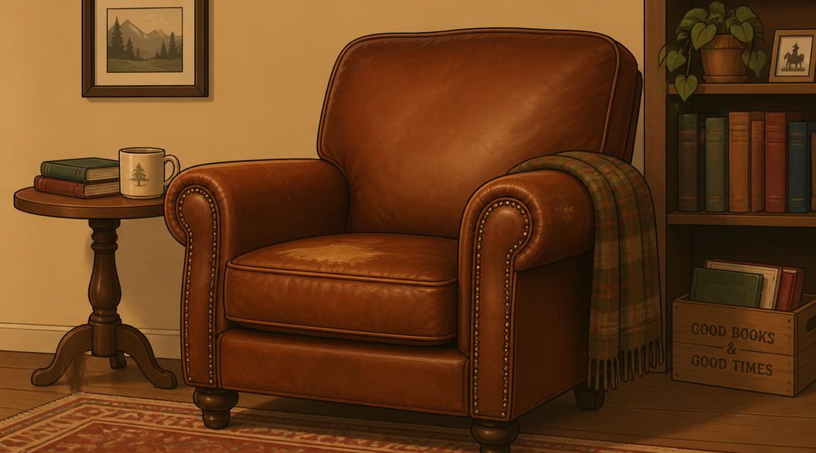 A cozy leather armchair with a plaid blanket sits in a room with a bookshelf and side table.