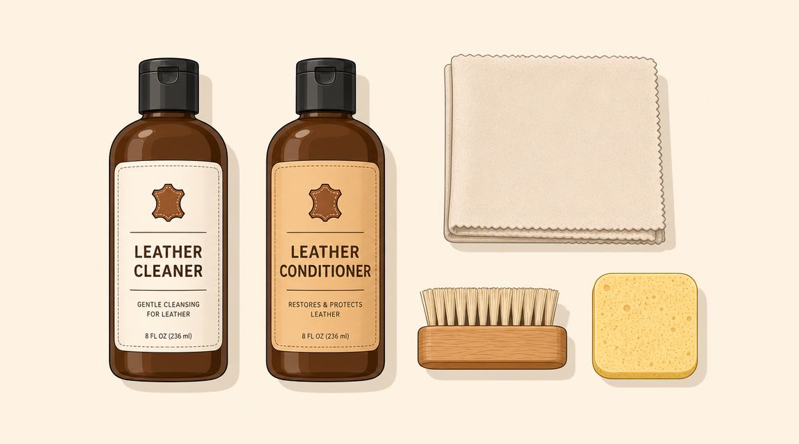 A leather furniture restoration kit featuring bottles of cleaner and conditioner, a brush, sponge, and cloth.