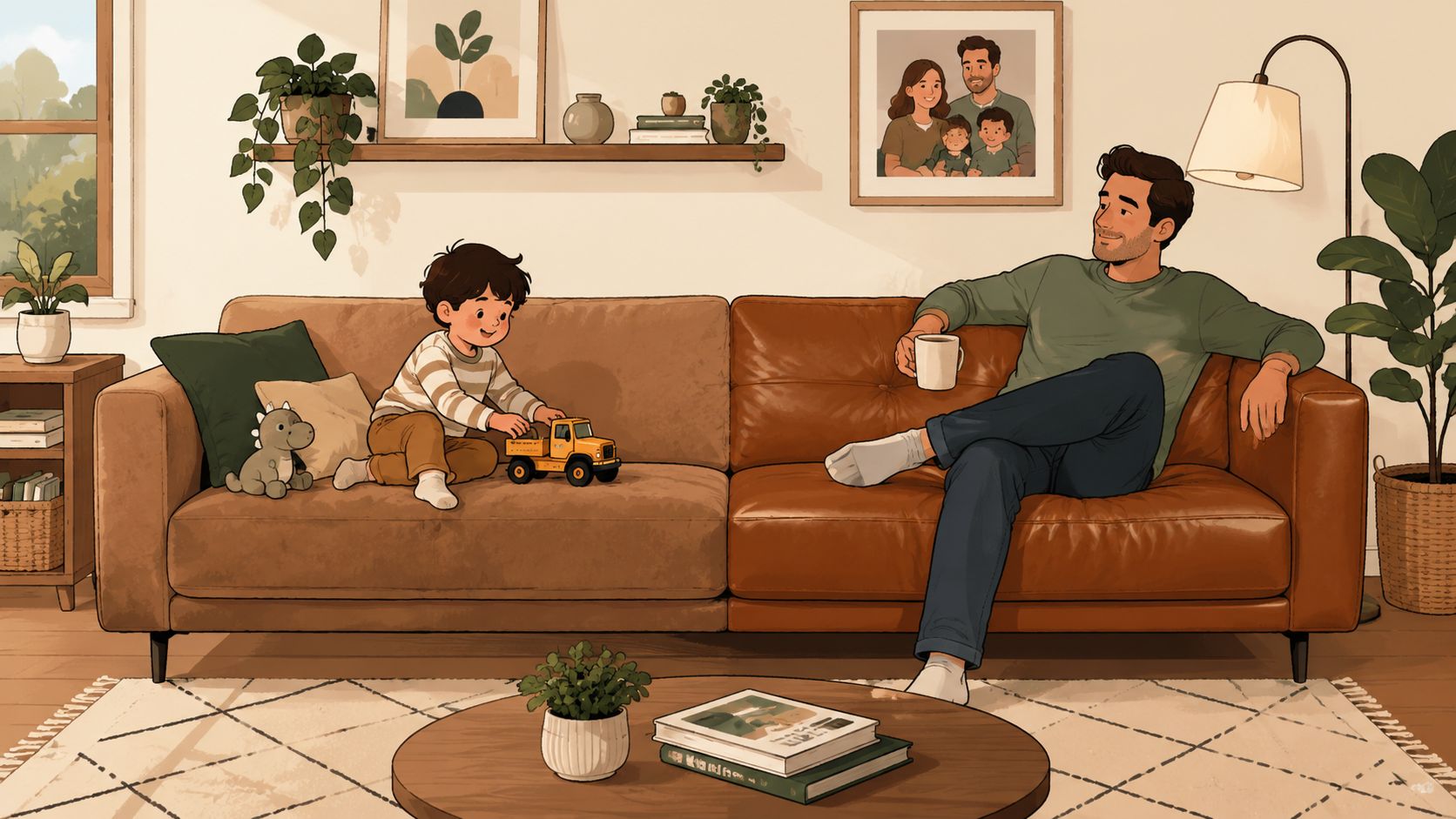 A father sitting on a leather microsuede sofa drinking coffee while his young son plays nearby.