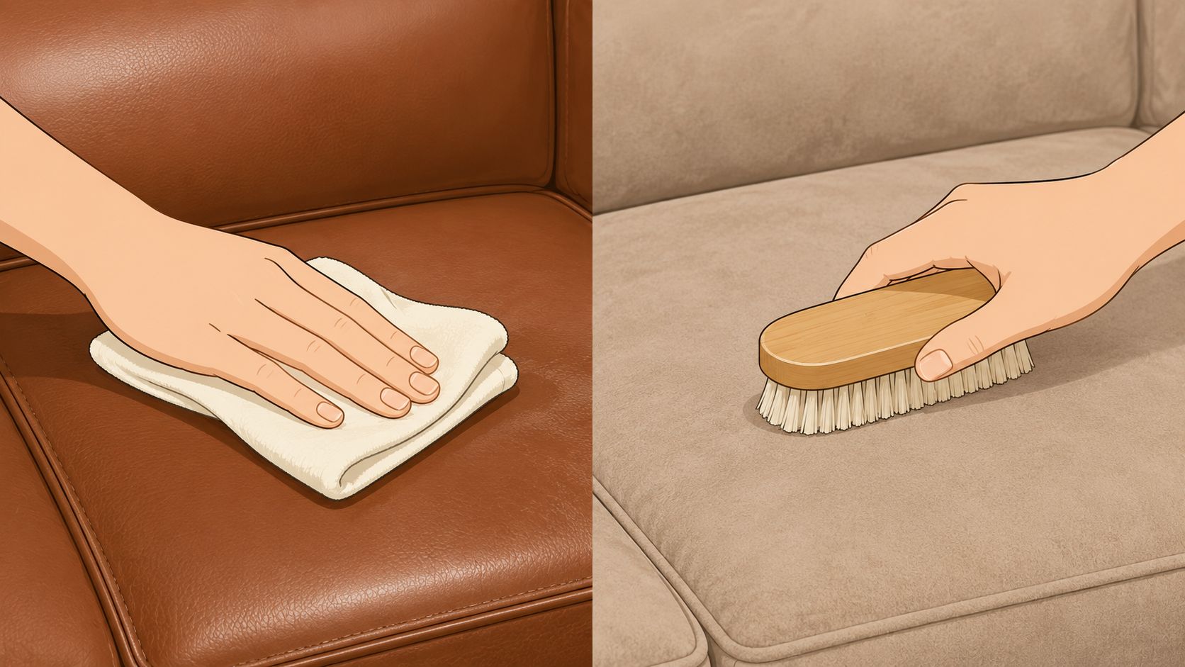 A split image showing a person cleaning a leather sofa with a cloth and a microsuede sofa with a brush.