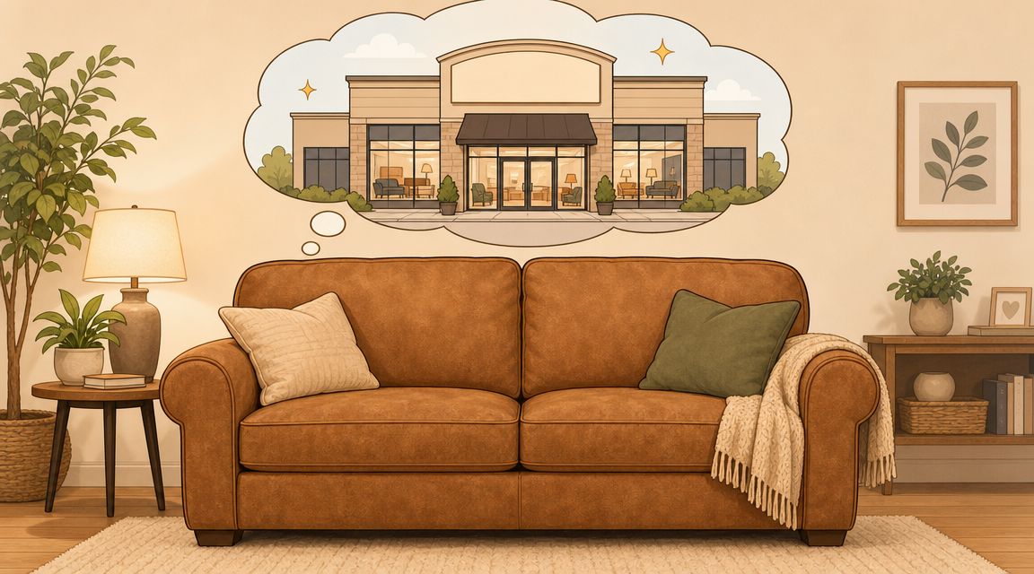 A cozy brown leather microsuede sofa in a living room with a thought bubble showing a furniture store.