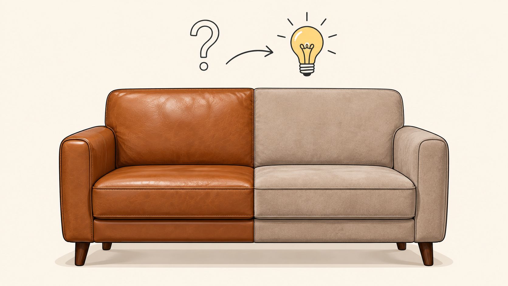 A split-view sofa showing a transition from brown leather on the left to beige fabric on the right.