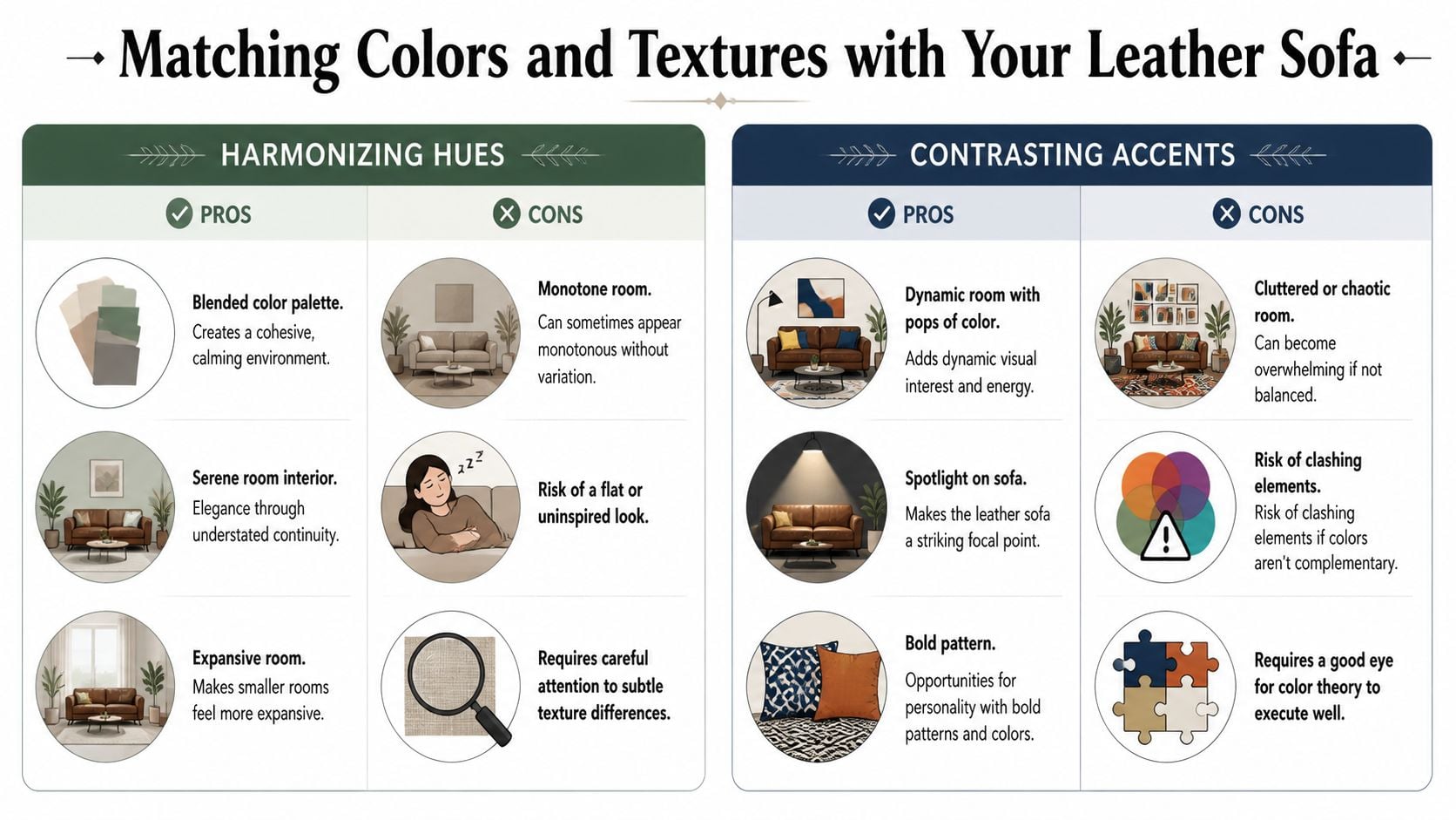 A design infographic comparing harmonizing hues and contrasting accents for styling a living room leather sofa.