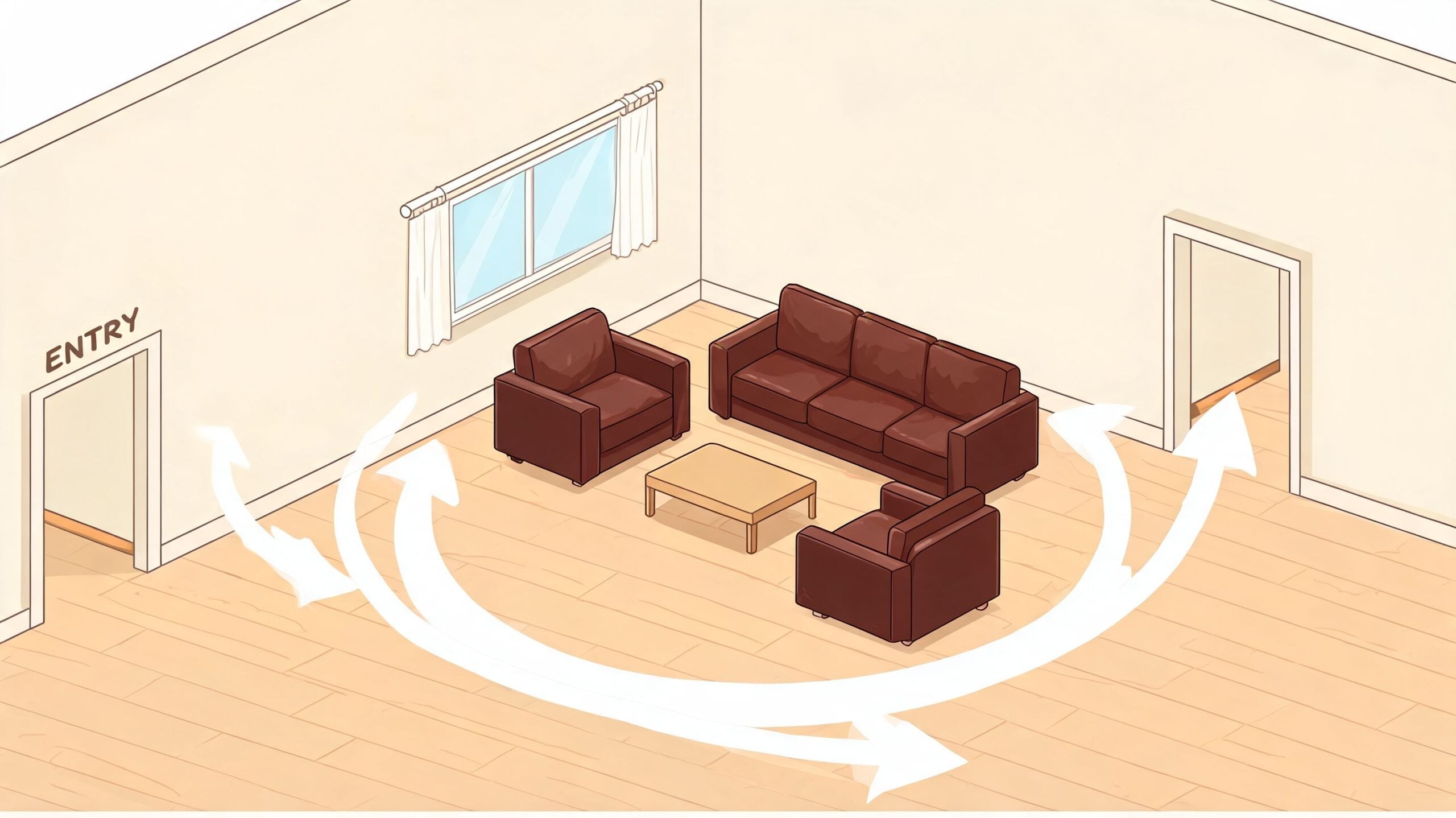 A top-down isometric view of a minimalist living room featuring a brown leather sofa, chairs, and table.