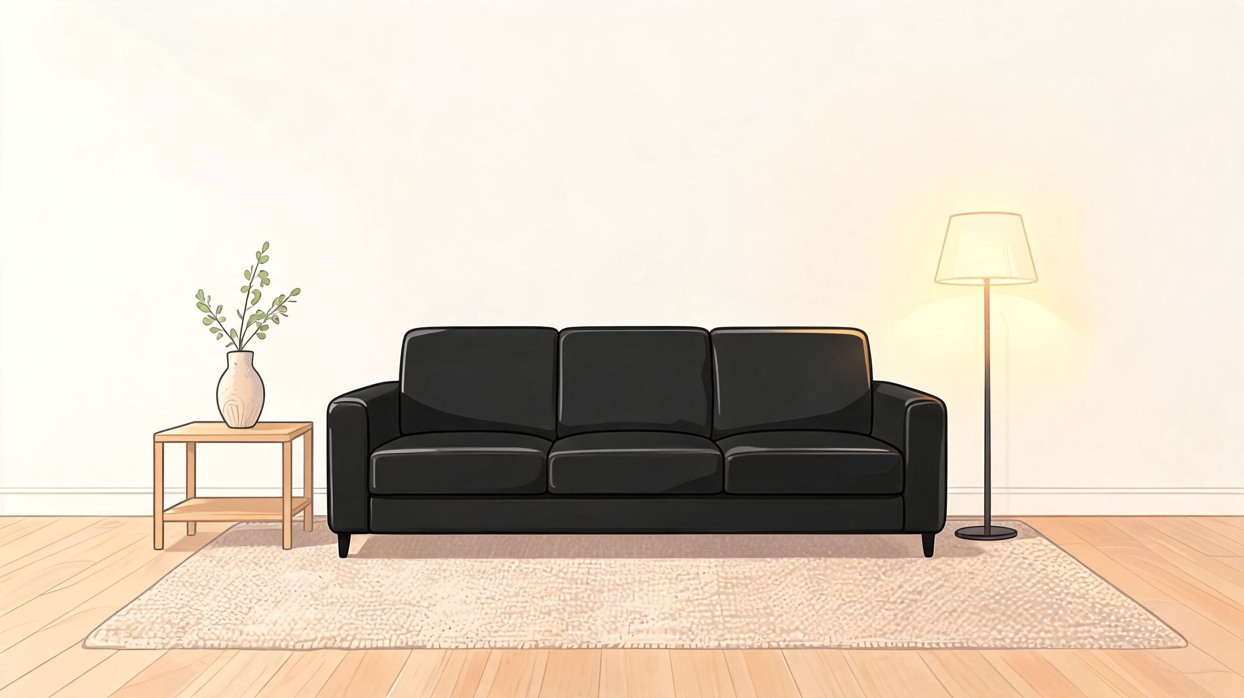 A modern living room featuring a black leather sofa, a minimalist side table with plants, and floor lamp.