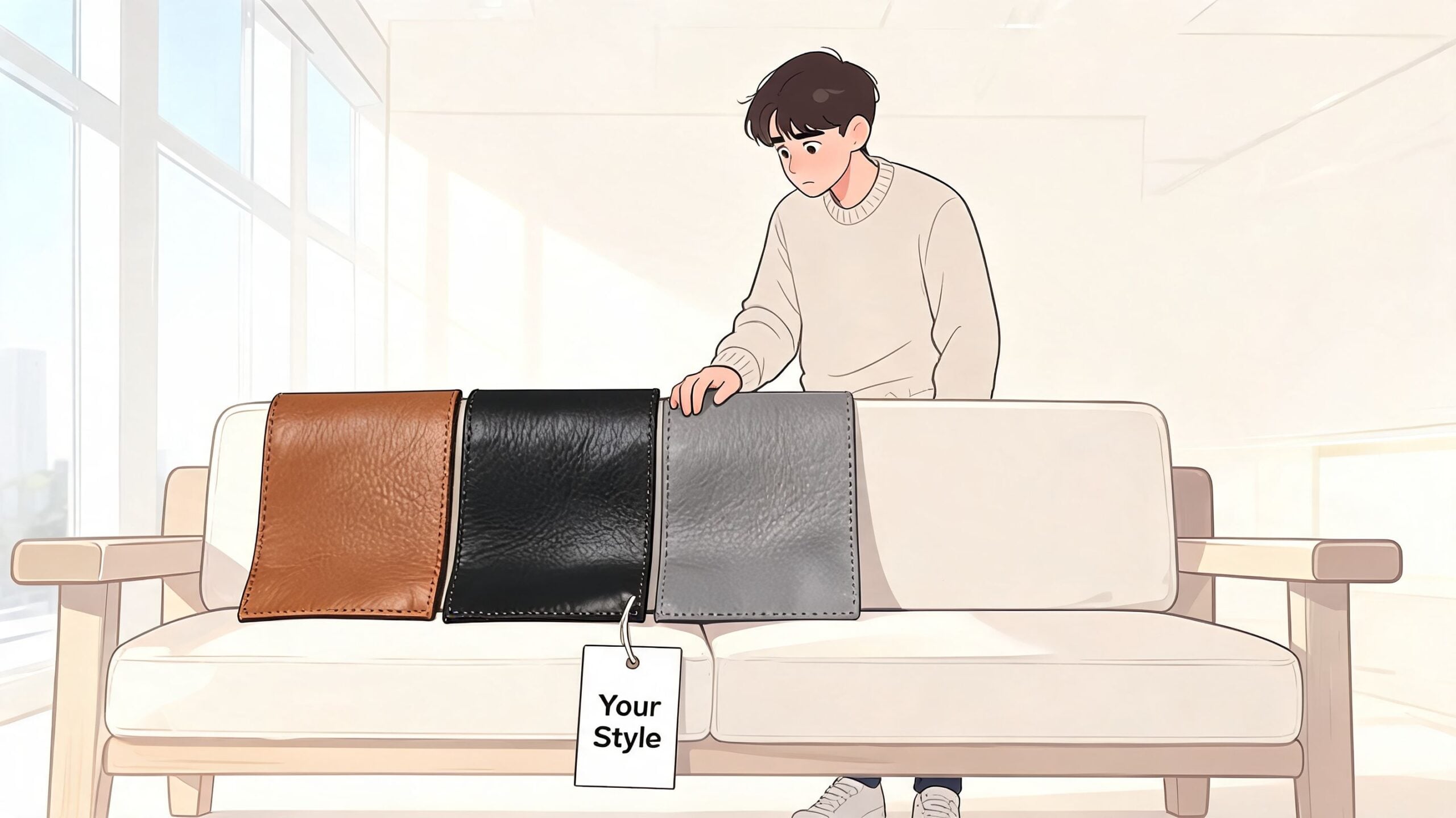 A young man choosing leather fabric samples to customize his sofa in a bright modern living room.