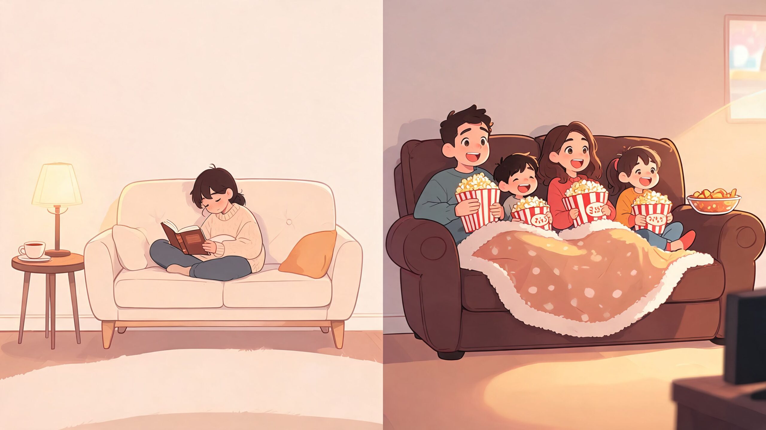 A split illustration showing a woman reading alone on a couch and a family watching movies together.