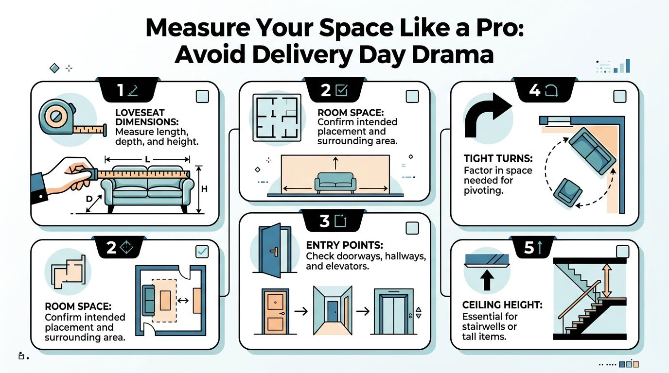 An infographic illustrating five essential steps for measuring your space before purchasing and delivering new furniture.