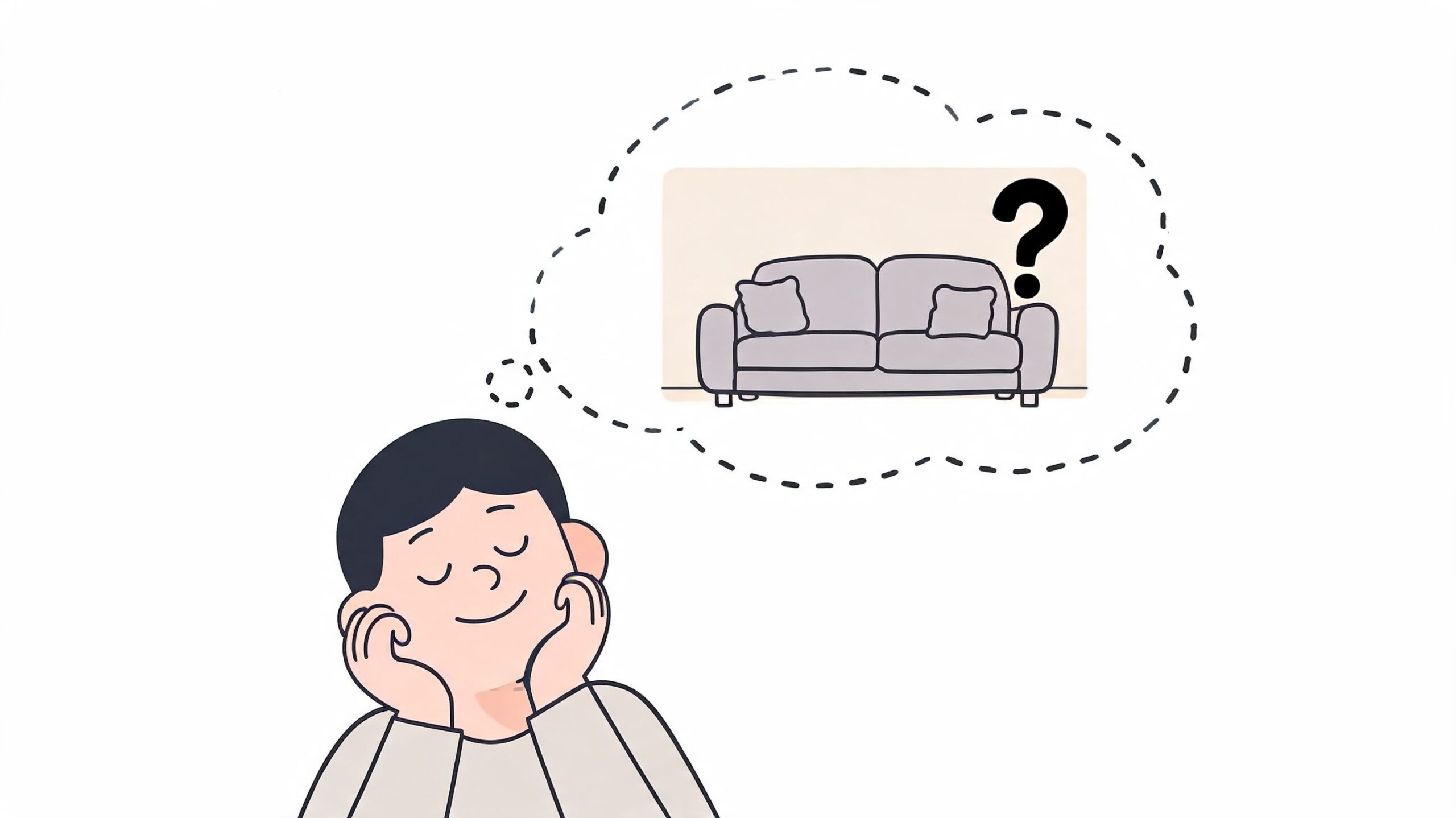 A person daydreaming about buying a new sofa with a large question mark above it.